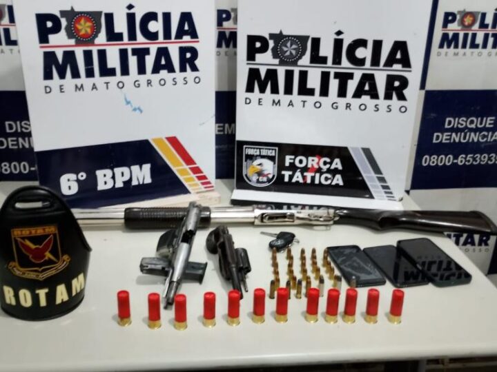 PM apreende armas de fogo e conduz quatro faccionados suspeitos por crimes em Cáceres